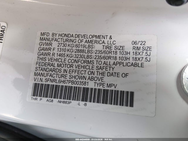 Aukcja sprzedaży 2023 Honda Odyssey Ex-l, vin: 5FNRL6H67PB003581, numer aukcji: 44244559