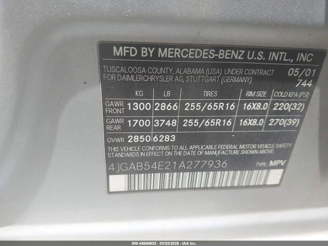 Aukcja sprzedaży 2001 Mercedes-benz Ml 320, vin: 4JGAB54E21A277936, numer aukcji: 44244632
