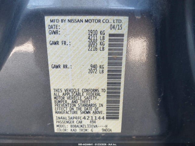 Nissan Altima 2.5 Sv 2015 1N4AL3AP4FC421144 Image 9