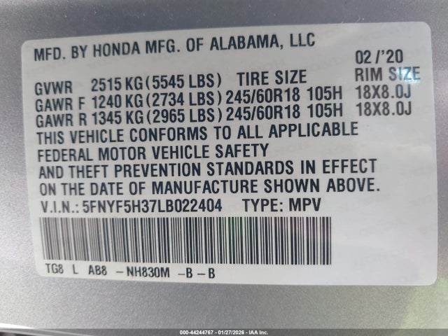 5FNYF5H37LB022404 Honda Pilot 2wd Ex