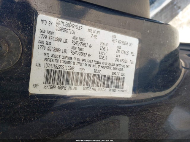 2003 Dodge Ram 1500 Slt/laramie/st მანქანა იყიდება აუქციონზე, vin: 1D7HU18Z23S113303, აუქციონის ნომერი: 44244799