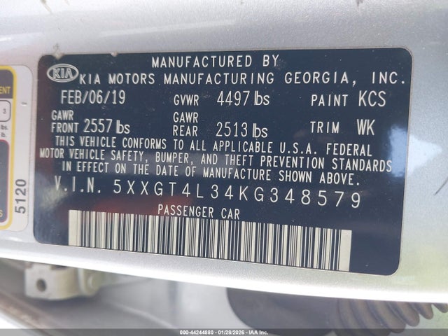 44244880 :رقم المزاد ، 5XXGT4L34KG348579 vin ، 2019 Kia Optima Lx مزاد بيع