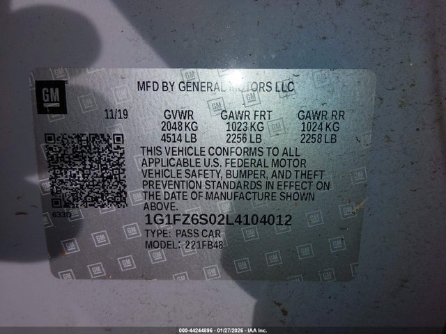 1G1FZ6S02L4104012 Chevrolet Bolt Ev Fwd Premier