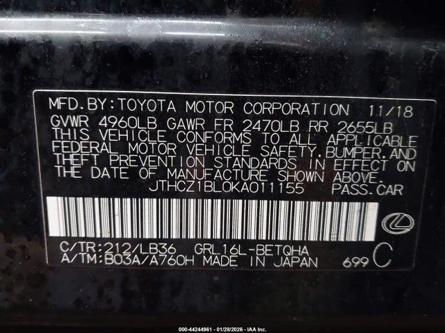 Aukcja sprzedaży 2019 Lexus Gs 350 F Sport, vin: JTHCZ1BL0KA011155, numer aukcji: 44244961