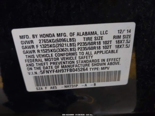 Honda Pilot Touring 2015 5FNYF4H97FB045264 Image 9