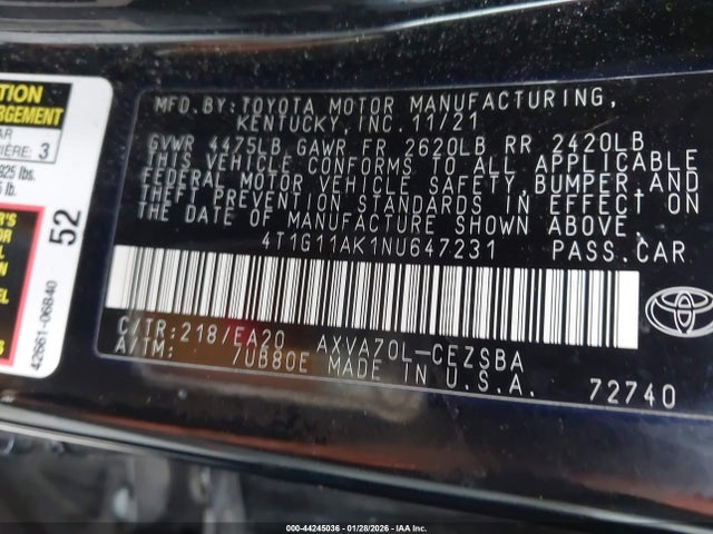 4T1G11AK1NU647231 Toyota CAMRY SE