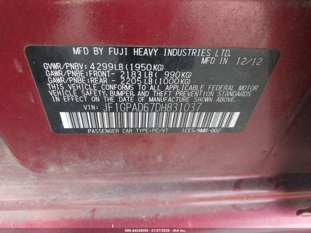 Aukcja sprzedaży 2013 Subaru Impreza 2.0i Premium, vin: JF1GPAD67DH831037, numer aukcji: 44245050