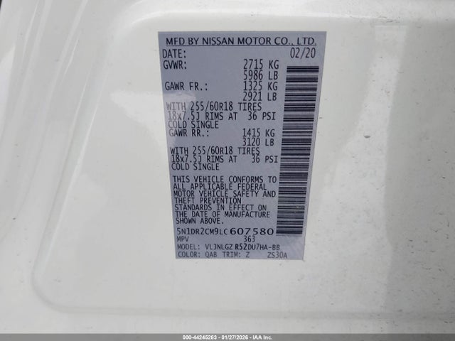 5N1DR2CM9LC607580 Nissan Pathfinder Sl 4wd