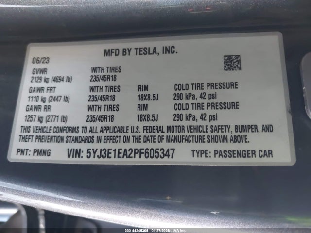 Aukcja sprzedaży 2023 Tesla Model 3 Rear-wheel Drive, vin: 5YJ3E1EA2PF605347, numer aukcji: 44245305