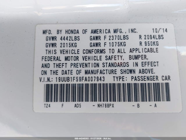 44245353 :رقم المزاد ، 19UUB1F59FA007943 vin ، 2015 Acura Tlx Tech مزاد بيع