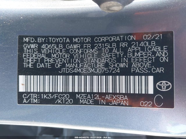 JTDS4MCE3MJ075724 Toyota COROLLA SE