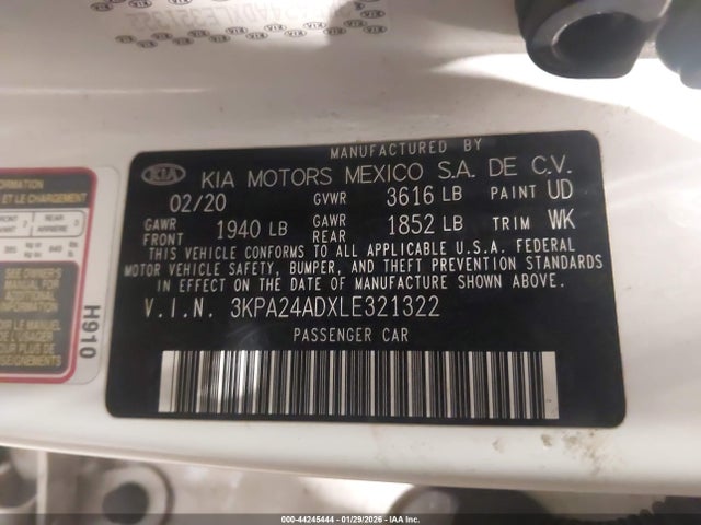 44245444 :رقم المزاد ، 3KPA24ADXLE321322 vin ، 2020 Kia Rio Lx مزاد بيع