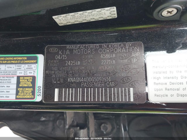 KNAGN4AD0G5093914 KIA Optima Hybrid Ex