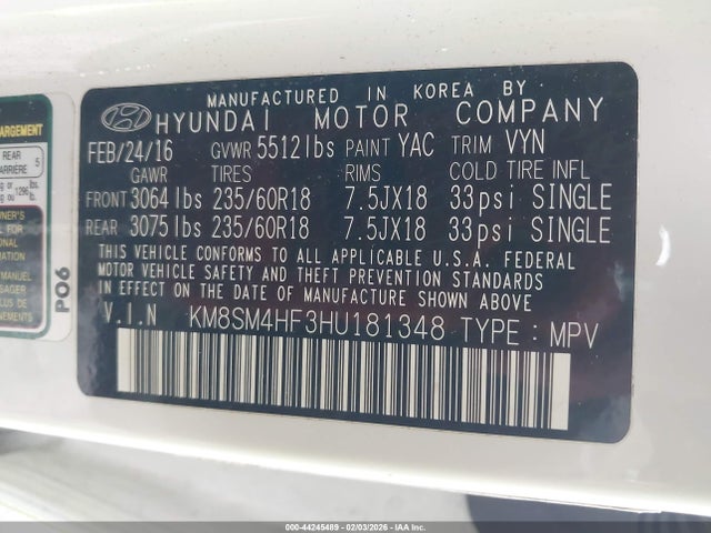 KM8SM4HF3HU181348 Hyundai Santa Fe Se