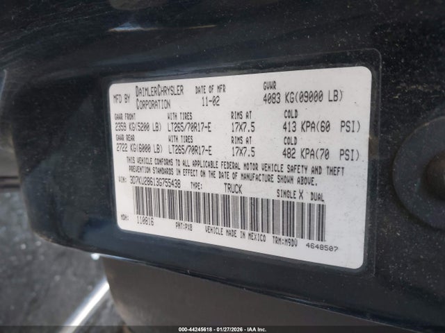 44245618 :رقم المزاد ، 3D7KU28613G755438 vin ، 2003 Dodge Ram 2500 مزاد بيع