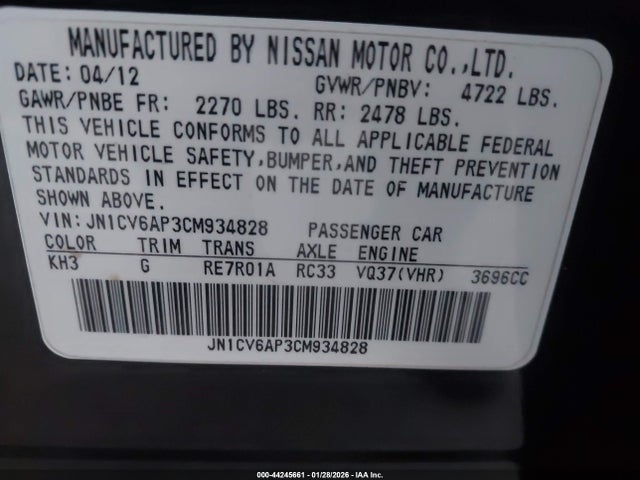 44245661 :رقم المزاد ، JN1CV6AP3CM934828 vin ، 2012 Infiniti G37 Journey مزاد بيع