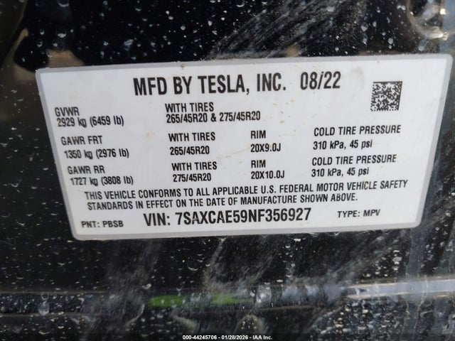 Aukcja sprzedaży 2022 Tesla Model X Dual Motor All-wheel Drive, vin: 7SAXCAE59NF356927, numer aukcji: 44245706
