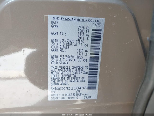 Aukcja sprzedaży 2024 Nissan Pathfinder Platinum Fwd, vin: 5N1DR3DG7RC210408, numer aukcji: 44245707