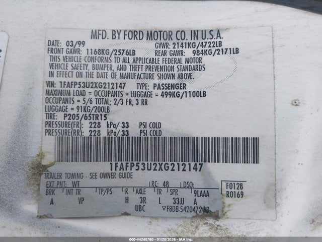 Продажа на аукционе авто 1999 Ford Taurus Se/se-ne, vin: 1FAFP53U2XG212147, номер лота: 44245760