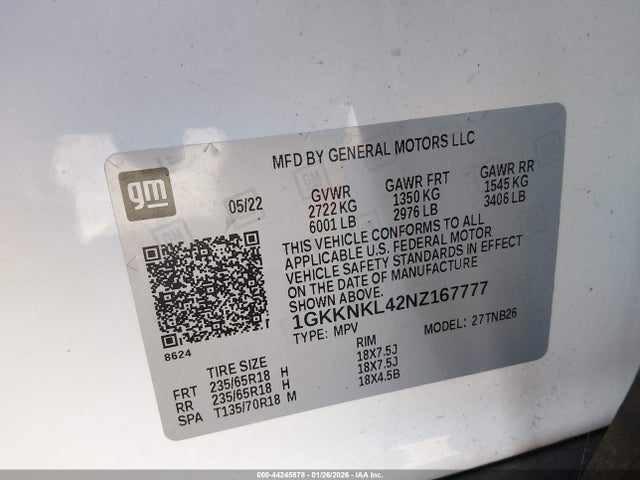 1GKKNKL42NZ167777 GMC Acadia Fwd Sle