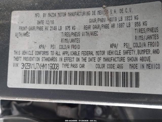 44245895 :رقم المزاد ، 3MZBN1U7XHM119008 vin ، 2017 Mazda Mazda3 Sport مزاد بيع