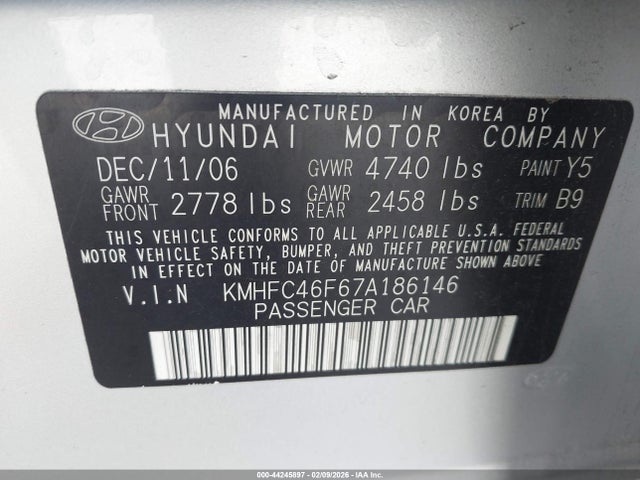 2007 Hyundai Azera Limited/se მანქანა იყიდება აუქციონზე, vin: KMHFC46F67A186146, აუქციონის ნომერი: 44245897