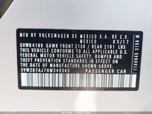 Продажа на аукционе авто 2017 Volkswagen Jetta 1.4t S, vin: 3VW2B7AJ7HM349343, номер лота: 44245949