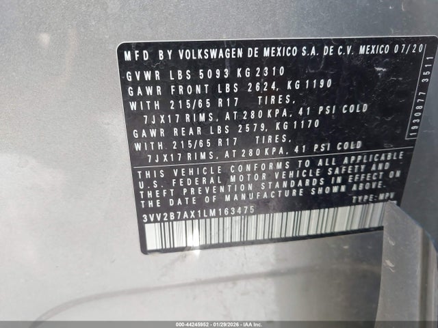 Aukcja sprzedaży 2020 Volkswagen Tiguan, vin: 3VV2B7AX1LM163475, numer aukcji: 44245952