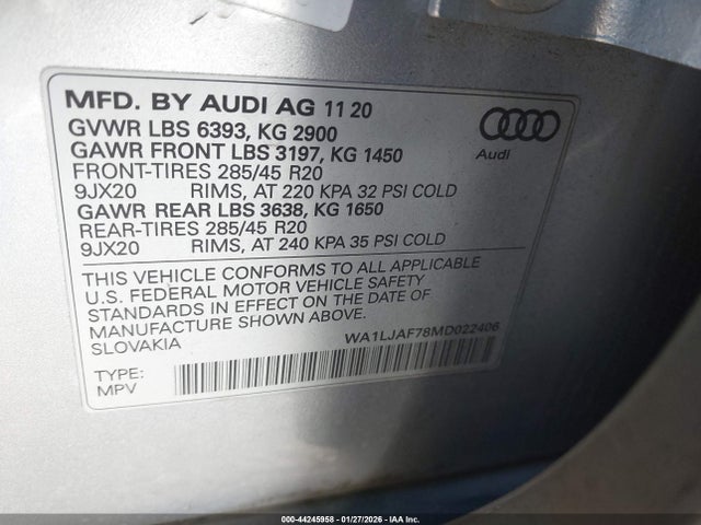Продаж на аукціоні авто 2021 Audi Q7 Premium Plus 45 Tfsi Quattro Tiptronic, vin: WA1LJAF78MD022406, номер лоту: 44245958