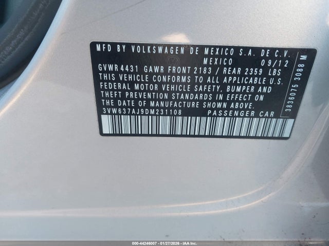 2013 Volkswagen Jetta Hybrid Sel Premium მანქანა იყიდება აუქციონზე, vin: 3VW637AJ9DM231108, აუქციონის ნომერი: 44246007