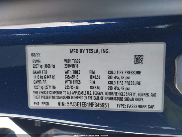 5YJ3E1EB1NF345951 Tesla Model 3 Long Range Dual Motor All-wheel Drive