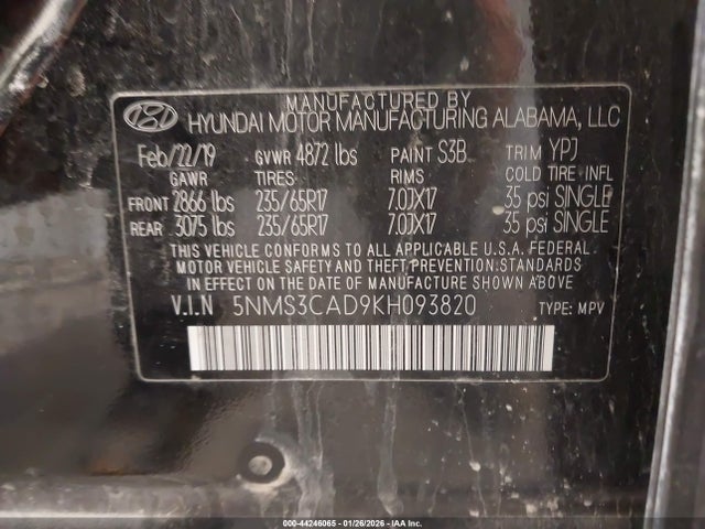 5NMS3CAD9KH093820 Hyundai Santa Fe Sel