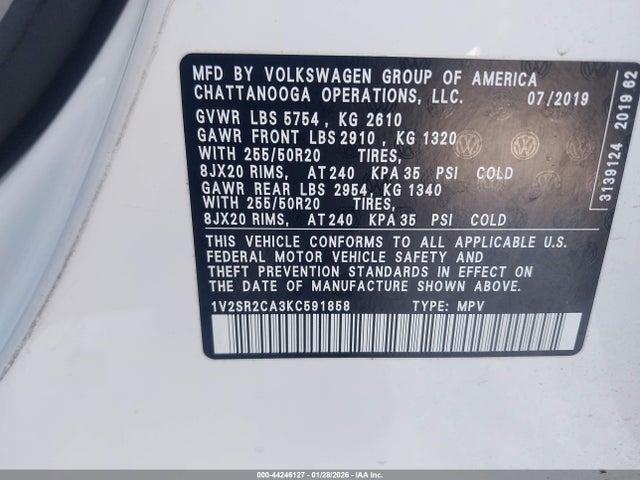 2019 VOLKSWAGEN ATLAS 1V2SR2CA3KC591858 Photo 8