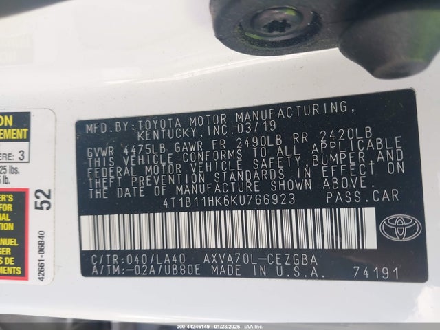 4T1B11HK6KU766923 Toyota CAMRY XLE