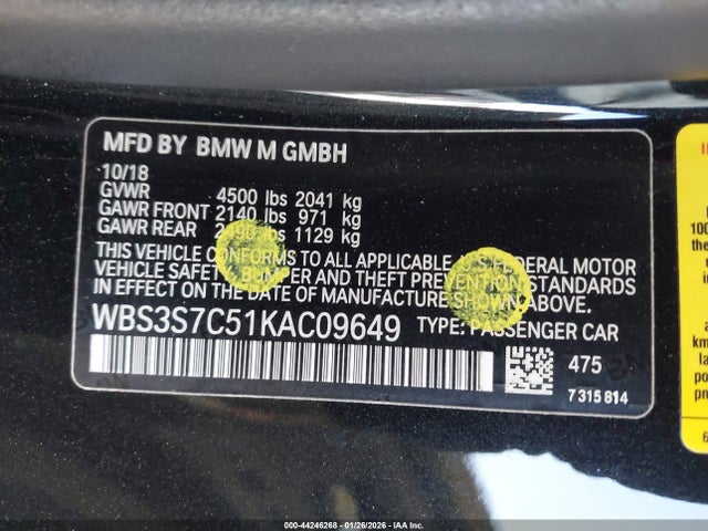 Aukcja sprzedaży 2019 Bmw M4 Cs, vin: WBS3S7C51KAC09649, numer aukcji: 44246268
