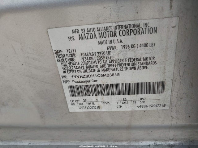 44246451 :رقم المزاد ، 1YVHZ8DH1C5M23615 vin ، 2012 Mazda Mazda6 I Touring مزاد بيع
