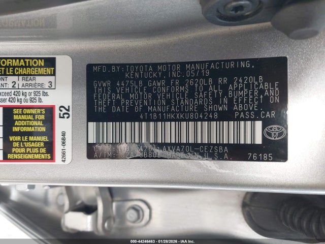 Aukcja sprzedaży 2019 Toyota Camry Se, vin: 4T1B11HKXKU804248, numer aukcji: 44246463