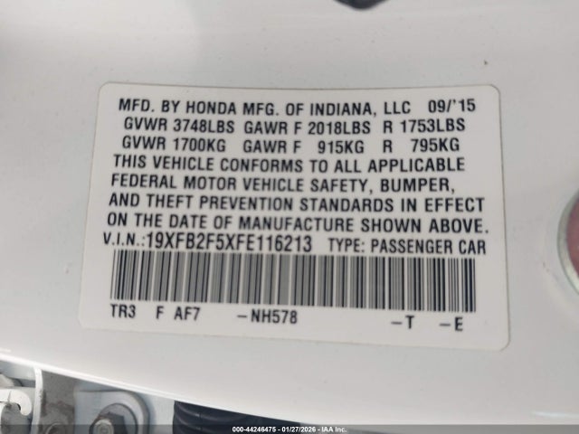 Honda Civic Lx 2015 19XFB2F5XFE116213 Image 9