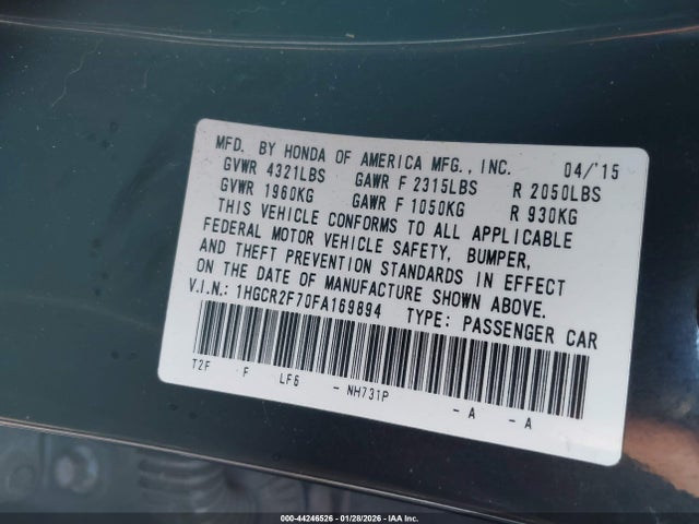 Honda ACCORD EX 2015 1HGCR2F70FA169894 Image 9