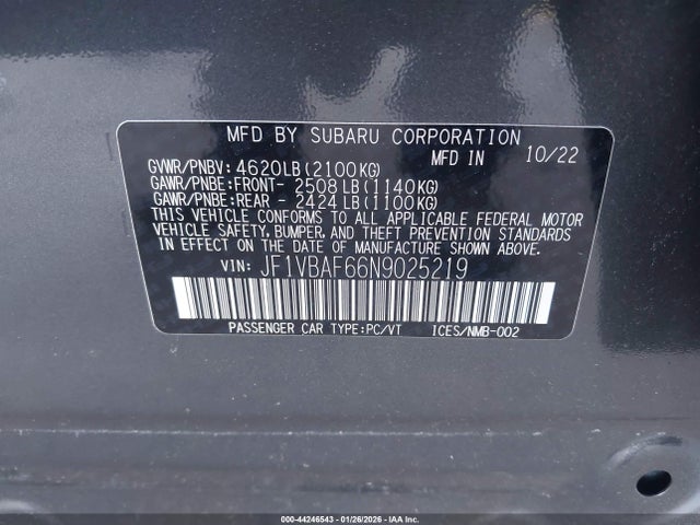 Subaru Wrx Premium 2022 JF1VBAF66N9025219 Image 9