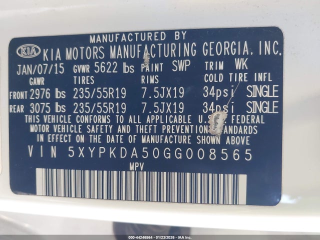 5XYPKDA50GG008565 KIA Sorento 3.3l Sx