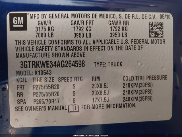 Продаж на аукціоні авто 2010 Gmc Sierra 1500 Slt, vin: 3GTRKWE34AG264598, номер лоту: 44246579