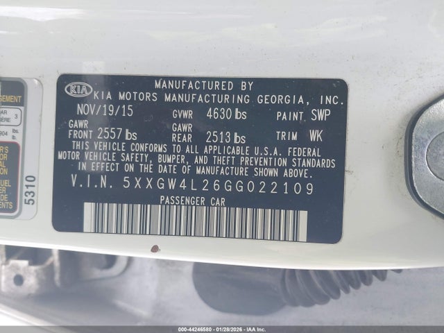 44246580 :رقم المزاد ، 5XXGW4L26GG022109 vin ، 2016 Kia Optima مزاد بيع