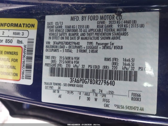 2013 FORD FUSION 3FA6P0G78DR279640 Photo 8