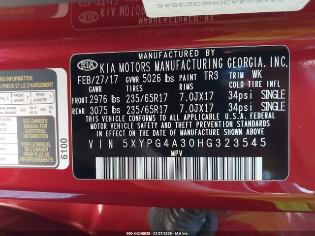 5XYPG4A30HG323545 KIA Sorento 2.4l Lx