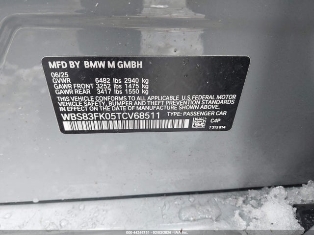 2026 Bmw M5 მანქანა იყიდება აუქციონზე, vin: WBS83FK05TCV68511, აუქციონის ნომერი: 44246751