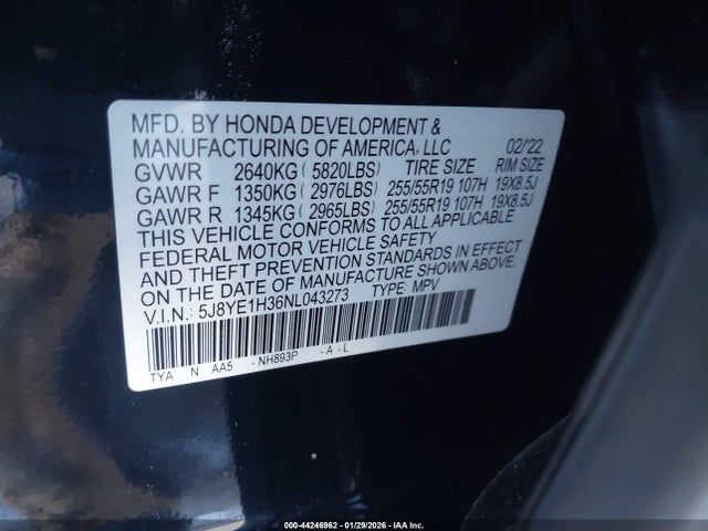 Aukcja sprzedaży 2022 Acura Mdx Standard, vin: 5J8YE1H36NL043273, numer aukcji: 44246962