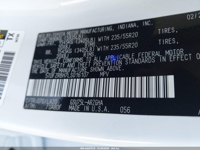 44247015 :رقم المزاد ، 5TDFZRBH7LS016107 vin ، 2020 Toyota Highlander Platinum مزاد بيع