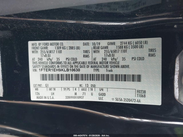 44247074 :رقم المزاد ، 1FTER1EH9KLB10630 vin ، 2019 Ford Ranger Xlt مزاد بيع