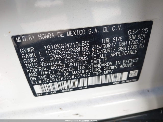 3CZRZ2H32SM787423 Honda Hr-v Awd Lx